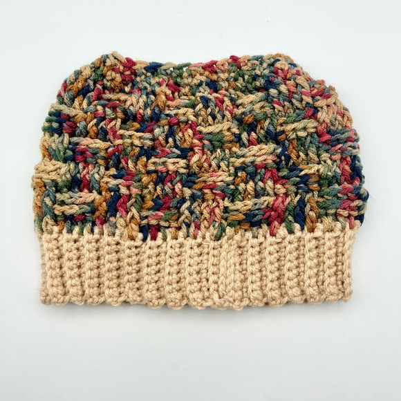 Knit Messy Bun High Ponytail Beanie Hat Basket Weave Multicolor Unlined One Size - Picture 4 of 7